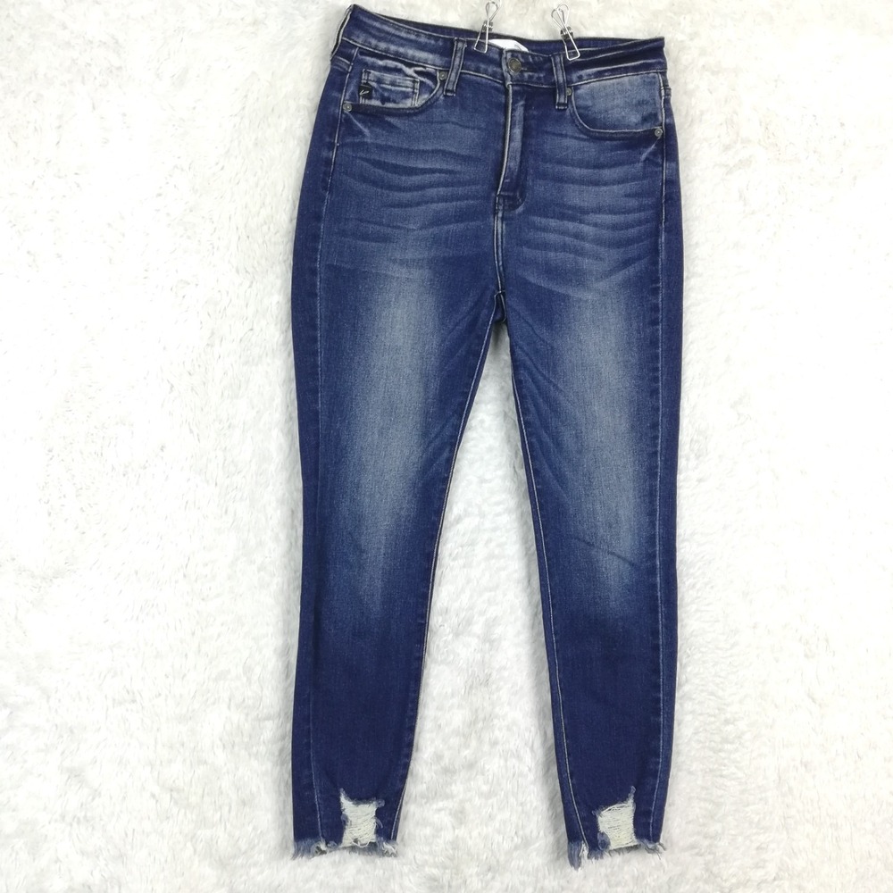 Kancan Womens Jeans High Rise Skinny Blue Denim Ripped Hem Whiskering 27